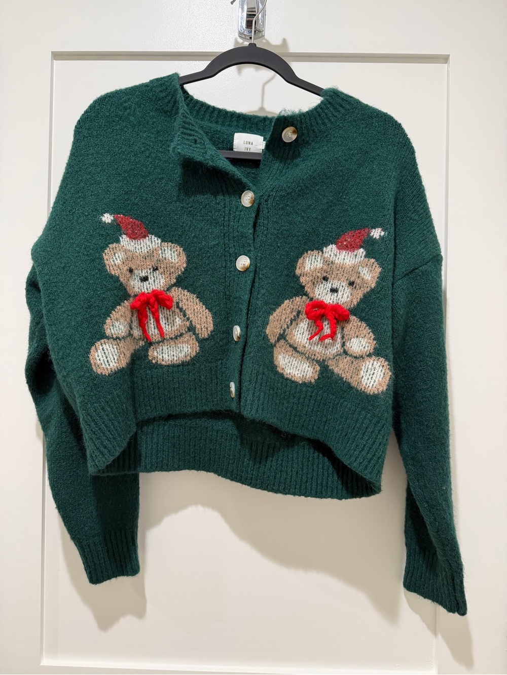 Lena Green Teddy Bear Holiday Cardigan with Red Accents